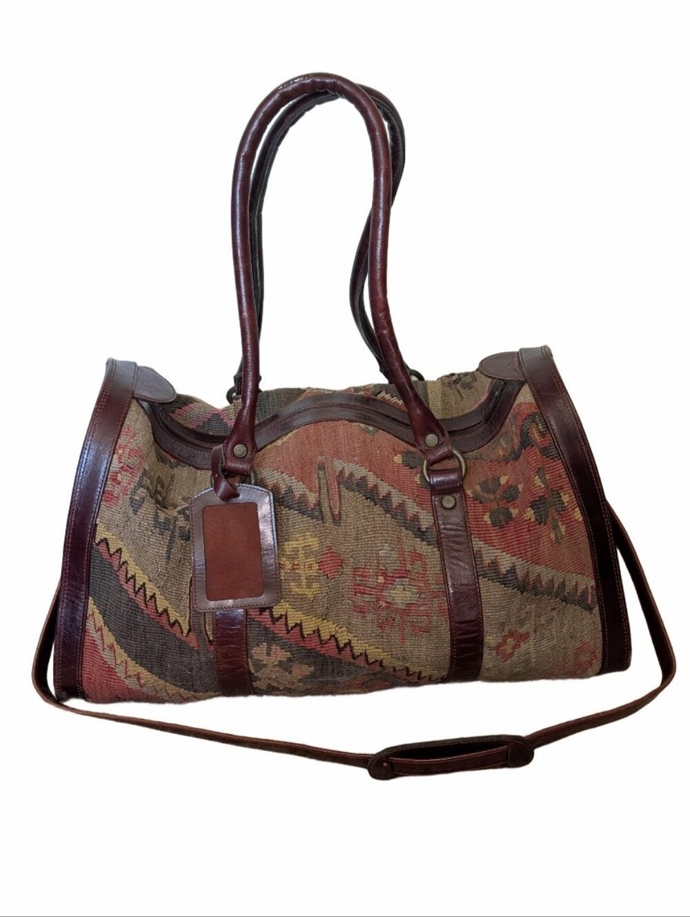 Vintage Tapestry Weekender Bag with Brown Leather Trim